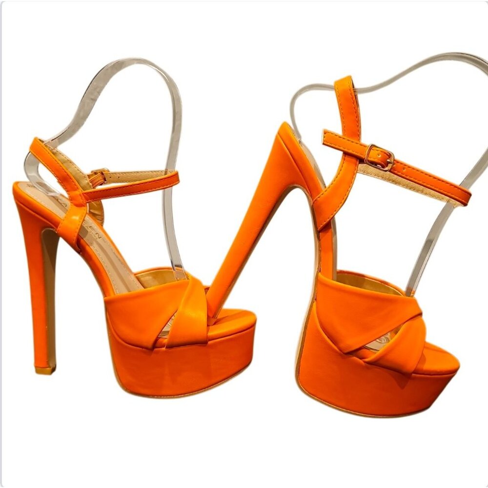 Orange Open-Toe Platform High Heels With Ankle Strap - Picture 4 of 5
